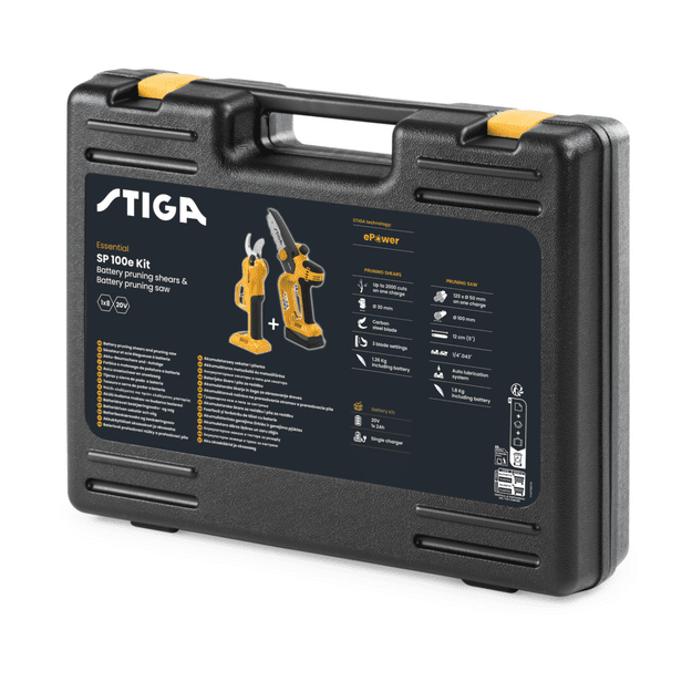 STIGA akumuliatorinių genėtuvų komplektas SP 100e Kit (SC ir PR 100, 2 Ah baterija, įkroviklis)